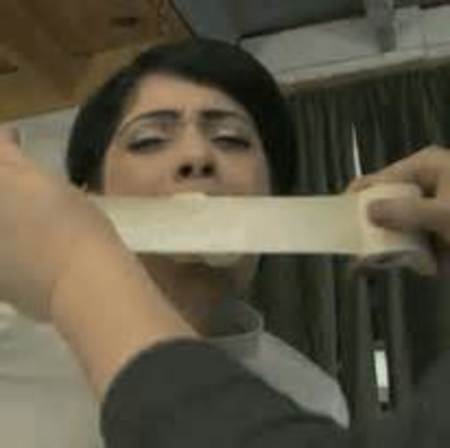 Microfoam gagged girl struggles bondage